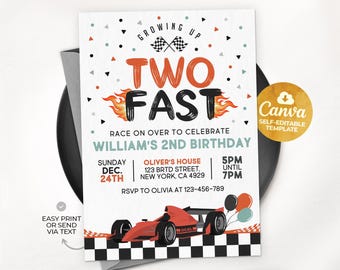 TWO Fast Birthday Invitation, Race Car Birthday Invitation, Two Fast Birthday Invite, Retro Race Car, Editable Canva Template 01