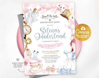 May include: A pink and blue Alice in Wonderland themed first birthday party invitation with a whimsical illustration of a teacup, teapot, and a clock. The text reads "Don't be late for a very important date. Join us in Selena's Onederland to celebrate her magical 1st birthday. Saturday, August 24th, 2:00PM-6:00PM. Selena's Residence, Whimsical Street Drive 33, New York, CA 90012. Rsvp to Adeline at 123-456-789."