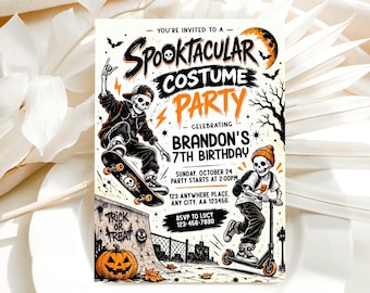 May include: A rectangular invitation card for a Spooktacular Costume Party celebrating Brandon's 7th birthday. The design features two skeletons, one on a skateboard and one on a scooter, with orange and black graphics, a pumpkin, and text details.