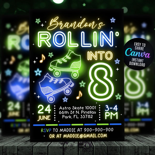 Skate Party Birthday Invitation, Party Invitation, Roller Skating, Retro Neon Lights, Editable Canva Template NEW01