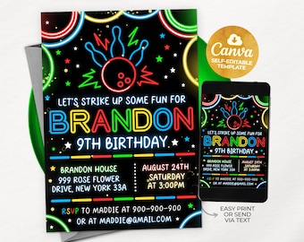 Editable Bowling Birthday Invitation, Glow Bowling Invitation, Bowling Invitation, Glow Invitation, Strike Up Some Fun, 5x7, Canva NSW3