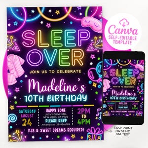 Sleepover Birthday Invitation, Slumber Party Birthday Invite, Pajama Party, Neon Sleepover Invite, Editable Canva Template MS01