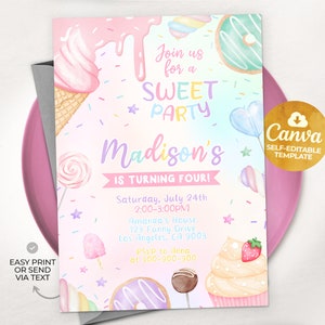 Faire-part de fête sucré, invitation de fête MODIFIABLE Candy Land, bonbons d'anniversaire de bonbons, desserts rose pastel, modèle de toile modifiable MSW01 image 3