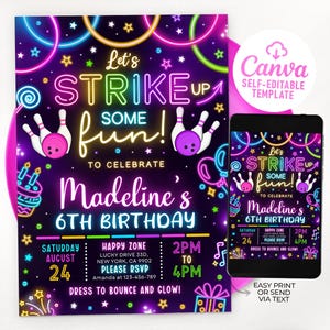 Bowling Birthday Invitation, Let&#39;s Strike Up Some Fun Invite, Neon Bowling Invites, Glow Bowling, Editable Template 0205