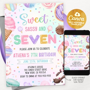 Sweet Sassy and Seven, 7th Girl Birthday Invitation, cotton candy sweets donut ice cream cupcake, Canva MSBR01