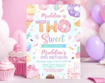 Two Sweet Birthday Invitation, Two Sweet Invitation, 2nd Birthday Photo Invitation, Two Year Dessert Invite, Candy Sweets Donut Invite