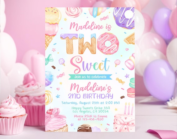 Two Sweet Invitation, Two Sweet Birthday Invitation, 2nd Birthday Invitation, Dessert Candy Sweets Invite, Editable Template 0205