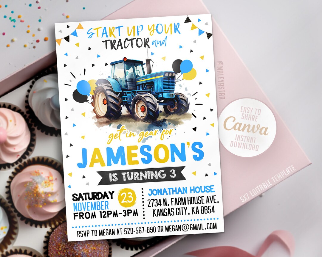 Editable Blue Tractor Birthday Invitation, Tractor Invitation, Editable Canva Template, Instant
