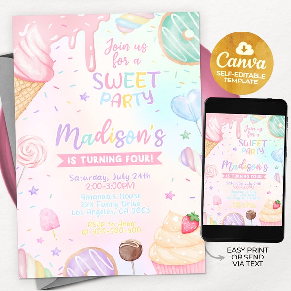 Sweet Party Invitation, EDITABLE Candy Land Party Invite, Sweets Candy Birthday, Pastel Pink Desserts, Editable Canva Template MSW01