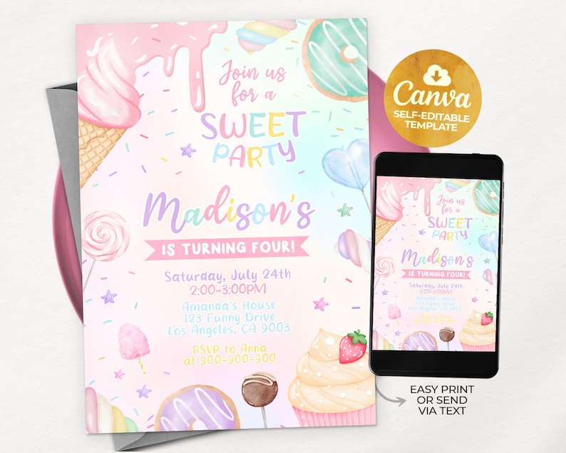 Faire-part de fête sucré, invitation de fête MODIFIABLE Candy Land, bonbons d'anniversaire de bonbons, desserts rose pastel, modèle de toile modifiable MSW01 image 1