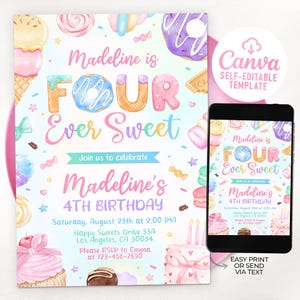 Four Ever Sweet Invitation, Four Ever Sweet Birthday Invitation, Invito per il 4° compleanno, Invito a caramelle dolci, Modello modificabile 0205