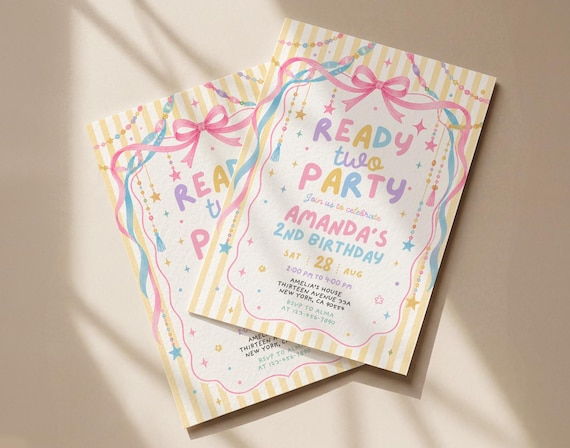 2nd Girl Birthday Invitation, Ready Two Party Invitation, Pastel Colorful Theme Invite Printed or Digital MS3052