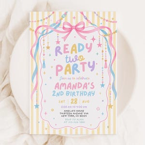 May include: A rectangular birthday invitation card with yellow and white vertical stripes, featuring a pink bow, hanging garlands, and stars. The text reads: READY TWO PARTY, Join us to celebrate, AMANDA'S 2ND BIRTHDAY, SAT 28 AUG, 2:00 PM TO 4:00 PM.