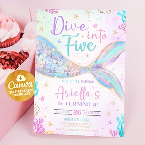 Dive into Five Mermaid Purple Teal 5th Mermaid Birthday Invitation, Little Mermaid Invite, 5x7 Editable Canva Template 2501
