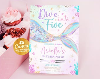 Dive into Five Mermaid Purple Teal 5th Mermaid Birthday Invitation, Little Mermaid Invite, 5x7 Editable Canva Template 2501