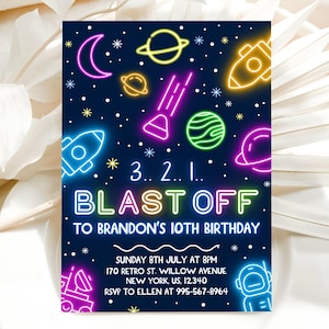 EDITABLE Neon Space Boy Birthday Party Invitation, Galaxy Party Invitation Template, Space Birthday, Astronaut Outer Space, Canva 5x7 N01