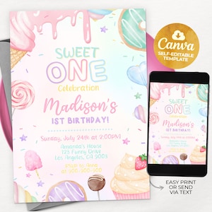 Sweet One Geburtstagseinladung Pastel Sweets Invite Donut Candy Eis Cupcake 1. Geburtstag Dessert, bearbeitbare Canva Vorlage MSW01