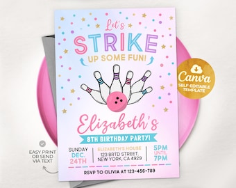 Bowling verjaardagsuitnodiging, laten we wat leuks doen, uitnodigingssjabloon voor meisjesfeest, roze bowlingfeest, canva MSLT01