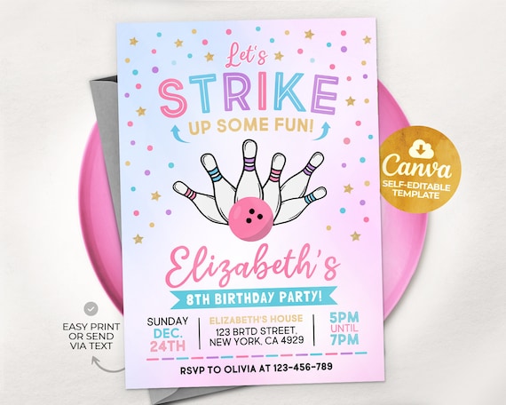 Bowling Birthday Invitation, Let's Strike Up Some Fun, Girls Party Invite Template, Pink Bowling Party, Canva MSLT01