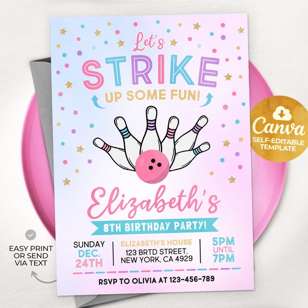 Bowling Birthday Invitation, Let's Strike Up Some Fun, Girls Party Invite Template, Pink Bowling Party, Canva MSLT01