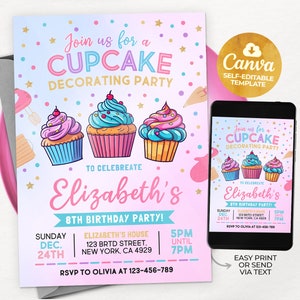 Cupcake versieren uitnodiging voor feest, bewerkbare bakken verjaardagsuitnodiging, meisjes koken partij, Canva MSLT01