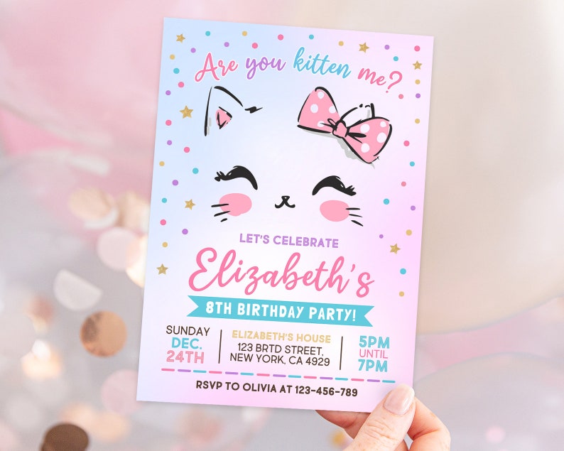 Kitty Cat Birthday Invitation, EDITABLE Purrfect Party Invite Template, Are You Kitten Me Right Meow, Canva MSLT01 zdjęcie 3
