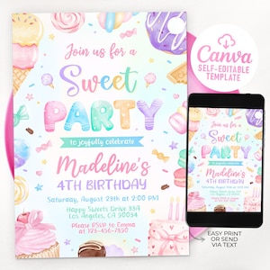 Peut inclure: Une invitation imprimable pour une fête d'anniversaire de 4 ans sur le thème des sucreries. L'invitation présente un design aquarelle avec des bonbons, de la crème glacée et des cupcakes. Le texte sur l'invitation indique "Rejoignez-nous pour une Sweet Party pour célébrer joyeusement le 4e anniversaire de Madeline".