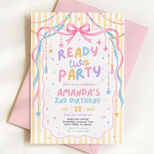 May include: A rectangular birthday invitation card with a yellow and white striped background. The text reads READY TWO PARTY, Join us to celebrate, AMANDA'S 2ND BIRTHDAY, SAT 28 AUG, 2:00 PM TO 4:00 PM, AMELIA'S HOUSE, THIRTEEN AVENUE 33A, NEW YORK, CA 90554, RSVP TO ALMA AT 123-456-7890. It features pink ribbons, stars, and hanging beads.