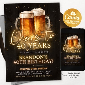 Bewerkbare verjaardagsuitnodiging bier, bierproeverij verjaardagsfeestje uitnodiging, 30e 40e 50e elke leeftijd, Canva-sjabloon MBR01