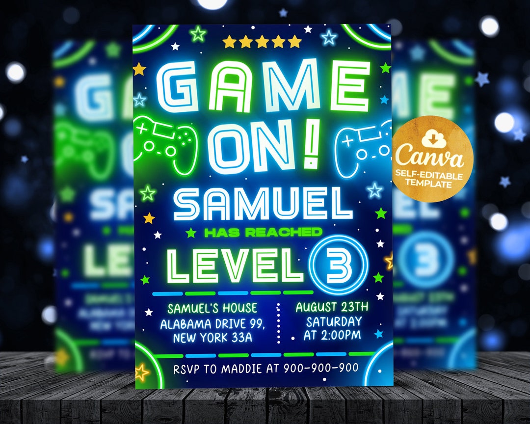 Video Game Birthday Invitation Template, Video Game Invitation, Neon