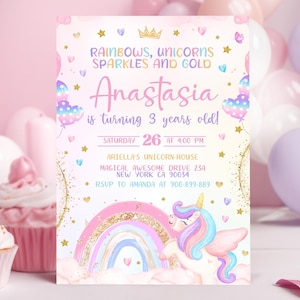 Magical Unicorn Birthday Invitation, Pastel Unicorn, Rainbow Unicorn Sparkles and Gold Invitation, Canva 5x7 NEW01
