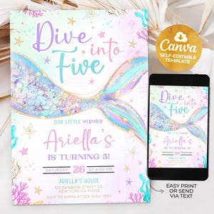 Immergiti in Five Mermaid Purple Teal 5th Mermaid Birthday Invitation, Little Mermaid Invite, 5x7 Editable Canva Template 2501