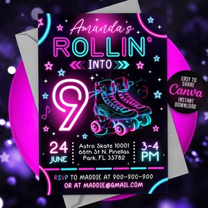 Skate Party Birthday Invitation, Party Invitation, Roller Skating, Retro Neon Lights, Editable Canva Template NEW02