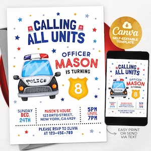 Police Birthday Invitation, Boy Birthday Invitation Police Officer Calling All Units, Canva MSLT01