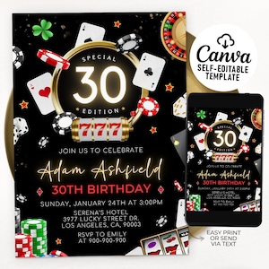 Casino Birthday Invitation, 21st 30th 40th 50th Poker Birthday Party, Casino Night, Casino Retirement, Poker Invite, Editable Template 01