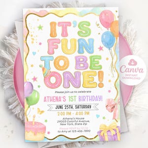 Fun to be One Birthday Invitation, 1st birthday invitation, 1st birthday girl colorful invitation, Editable Canva Template image 4