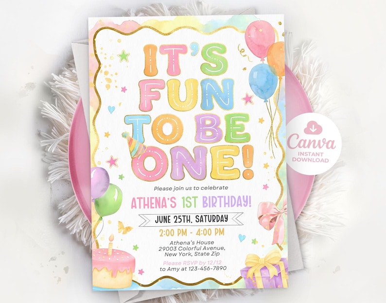 Fun to be One Birthday Invitation, 1st birthday invitation, 1st birthday girl colorful invitation, Editable Canva Template image 4