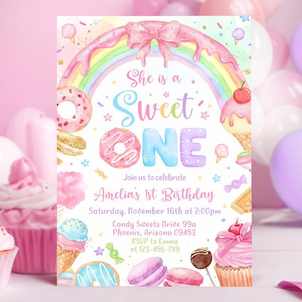 Invitación para un dulce, invitación para el primer cumpleaños, invitación para el primer cumpleaños de una niña, invitación dulce, plantilla editable de Canva