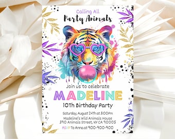 Party Animals Birthday Invitation, Tiger Jungle Theme, Safari Party, Girl Invite, Rainbow, Digital Download, Canva 5x7
