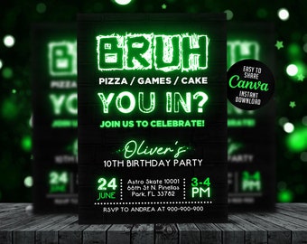 Bruh Neon Invitation, Invitation garçon, Invitations d’anniversaire garçon, Canva 5x7 NEW03