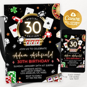 Invitation casino, 30e, 40e, 50e, 60e, fête d'anniversaire de poker, soirée casino, invitation à la retraite, invitation de poker, modèle Canva modifiable 01