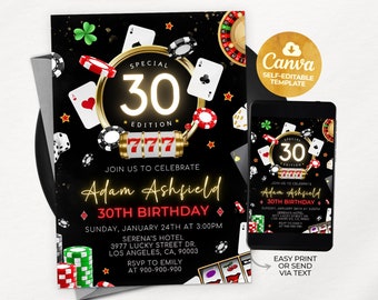 Casino Invitation, 30th 40th 50th 60th Poker Birthday Party, Casino Night, Retirement Invite, Poker Invite, Editable Canva Template 01