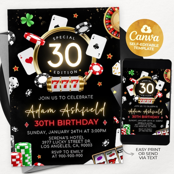 Casino Invitation, 30th 40th 50th 60th Poker Birthday Party, Casino Night, Retirement Invite, Poker Invite, Editable Canva Template 01