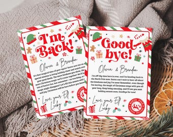 May include: Two red and green Christmas elf note cards with a white background. The text on the first card reads "I'm Back!" and the text on the second card reads "Good Bye!" Both cards have the names "Olivia & Brandon" printed on them. The cards are decorated with Christmas-themed illustrations.