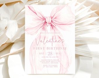 Invitación de cumpleaños con lazo rosa coqueta, invitación de cumpleaños con lazo rosa, invitación de cumpleaños con lazo, invitación con lazo rosa coqueta, Canva editable MS01