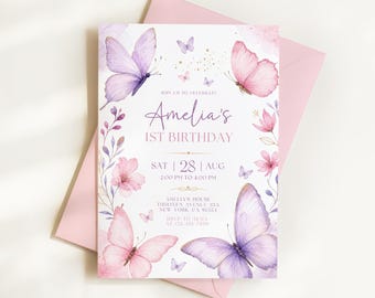 Butterfly Birthday Invitation, 1st birthday invitation, Butterfly Invite, Girl Birthday Invitation, Printed or Digital MS5425