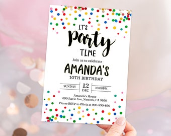 Editable Confetti Party Invitation, It's Party Time, Colorful Invite, Simple Birthday Invitations, Instant Download, Canva & 5x7 NEW1