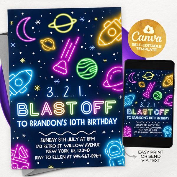 EDITABLE Neon Space Boy Birthday Party Invitation, Galaxy Party Invitation Template, Space Birthday, Astronaut Outer Space, Canva 5x7 N01