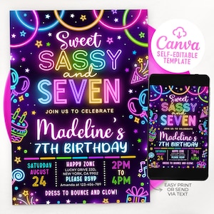 Sweet Sassy And Seven Birthday Invitation, 7th Birthday Invitation, Neon Glow Sweet And Sassy, Editable Template 0205