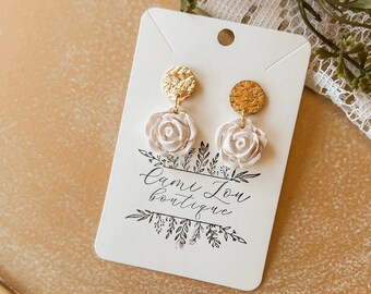 Neural rose flower drop earrings with hammered gold post, polymer clay earrings, nickel free earrings
